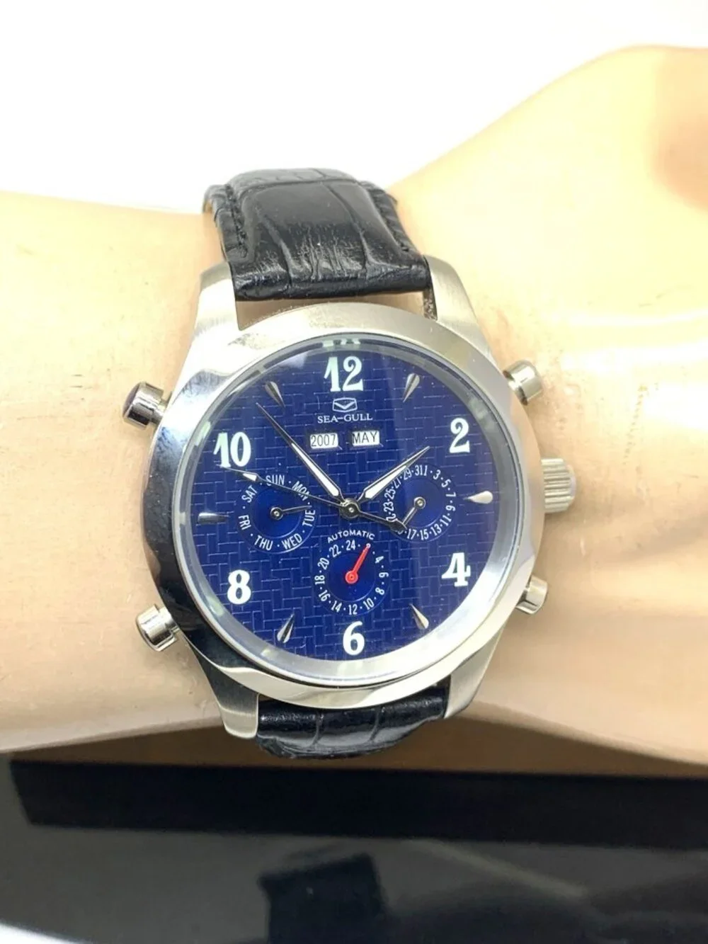 Seagull Men's Watch Automatic Blue Dial Triple Calendar Black Leather Strap 41mm
